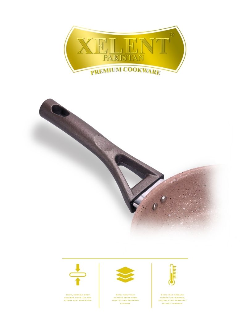 Top view of a sleek marble black frypan with a smooth, nonstick surface and ergonomic handle, perfect for even heat distribution and stylish cooking.