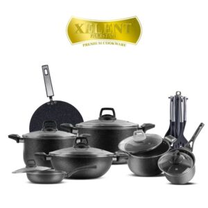 21-Piece Xelent Marble Coated Cookware Set with various pans, tawa, frying pan with lid, saucepan, wok, and additional accessories including nylon spoons, apron, and glove.