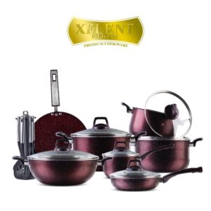 21-Piece Xelent Marble Coated Cookware Set with various pans, tawa, frying pan with lid, saucepan, wok, and additional accessories including nylon spoons, apron, and glove.
