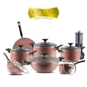 21-Piece Xelent Marble Coated Cookware Set with various pans, tawa, frying pan with lid, saucepan, wok, and additional accessories including nylon spoons, apron, and glove.