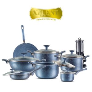 21-Piece Xelent Marble Coated Cookware Set with various pans, tawa, frying pan with lid, saucepan, wok, and additional accessories including nylon spoons, apron, and glove.