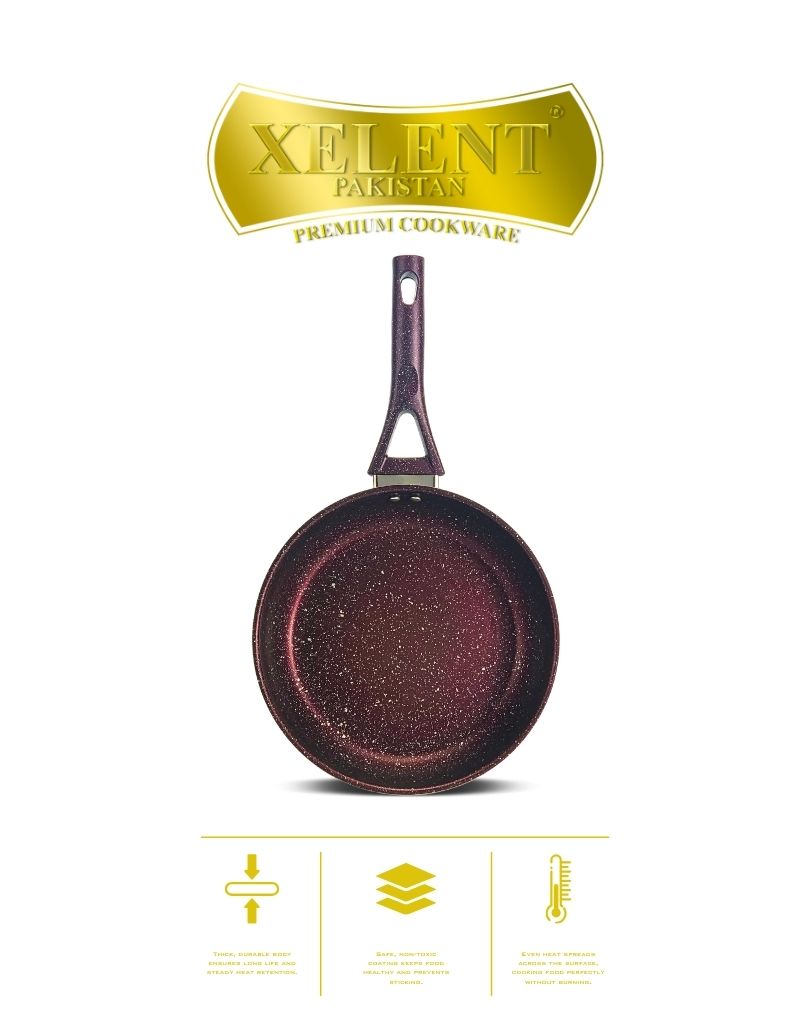 Top view of a sleek marble black frypan with a smooth, nonstick surface and ergonomic handle, perfect for even heat distribution and stylish cooking.