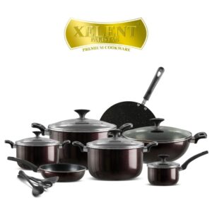 Xelent Pakistan Crystal Cookware Set 18 Pcs with 22 cm, 24 cm, 26 cm casseroles, 30 cm wok, 24 cm frying pan, 18 cm saucepan, and 32 cm tawa.