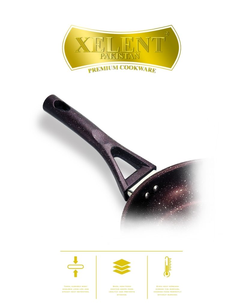 Top view of a sleek marble black frypan with a smooth, nonstick surface and ergonomic handle, perfect for even heat distribution and stylish cooking.