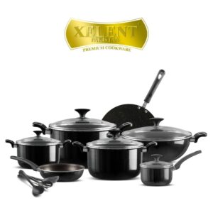Xelent Pakistan Crystal Cookware Set 18 Pcs with 22 cm, 24 cm, 26 cm casseroles, 30 cm wok, 24 cm frying pan, 18 cm saucepan, and 32 cm tawa.