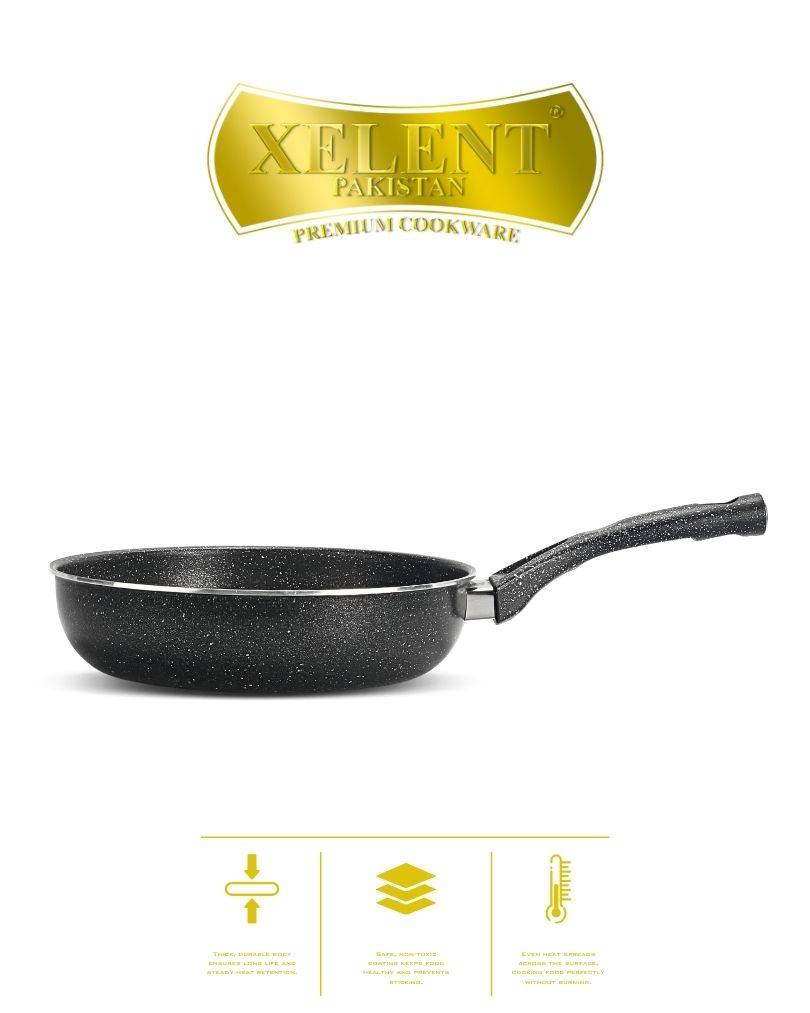 Top view of a sleek marble black frypan with a smooth, nonstick surface and ergonomic handle, perfect for even heat distribution and stylish cooking.
