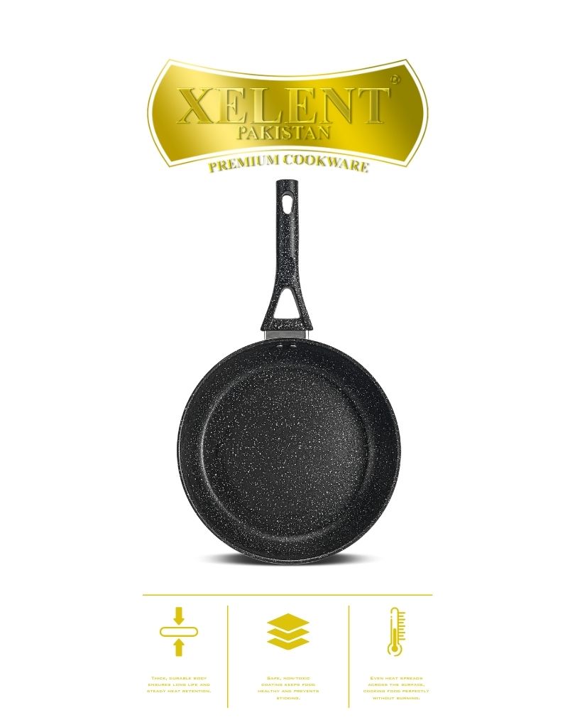 Top view of a sleek marble black frypan with a smooth, nonstick surface and ergonomic handle, perfect for even heat distribution and stylish cooking.