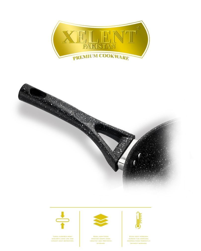 Top view of a sleek marble black frypan with a smooth, nonstick surface and ergonomic handle, perfect for even heat distribution and stylish cooking.