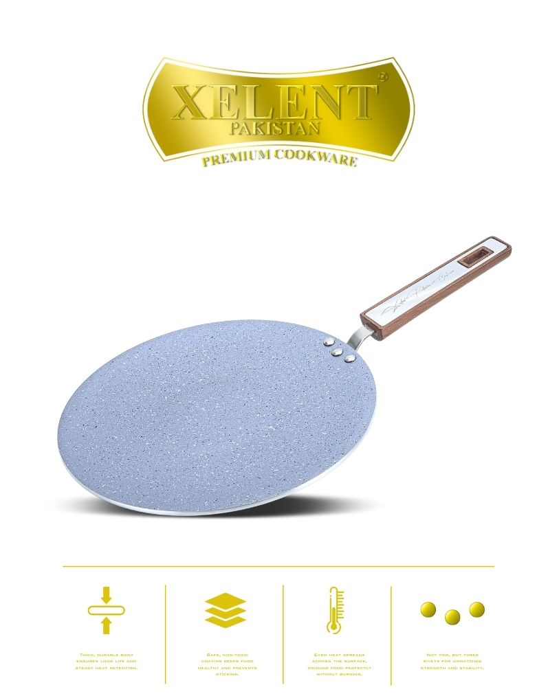 Marble-Coated 6 Gauge Tawa with a non-stick surface, ideal for cooking flatbreads, pancakes, and more. Features even heat distribution and a sturdy handle for easy handling.