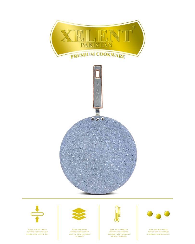 Marble-Coated 6 Gauge Tawa with a non-stick surface, ideal for cooking flatbreads, pancakes, and more. Features even heat distribution and a sturdy handle for easy handling.