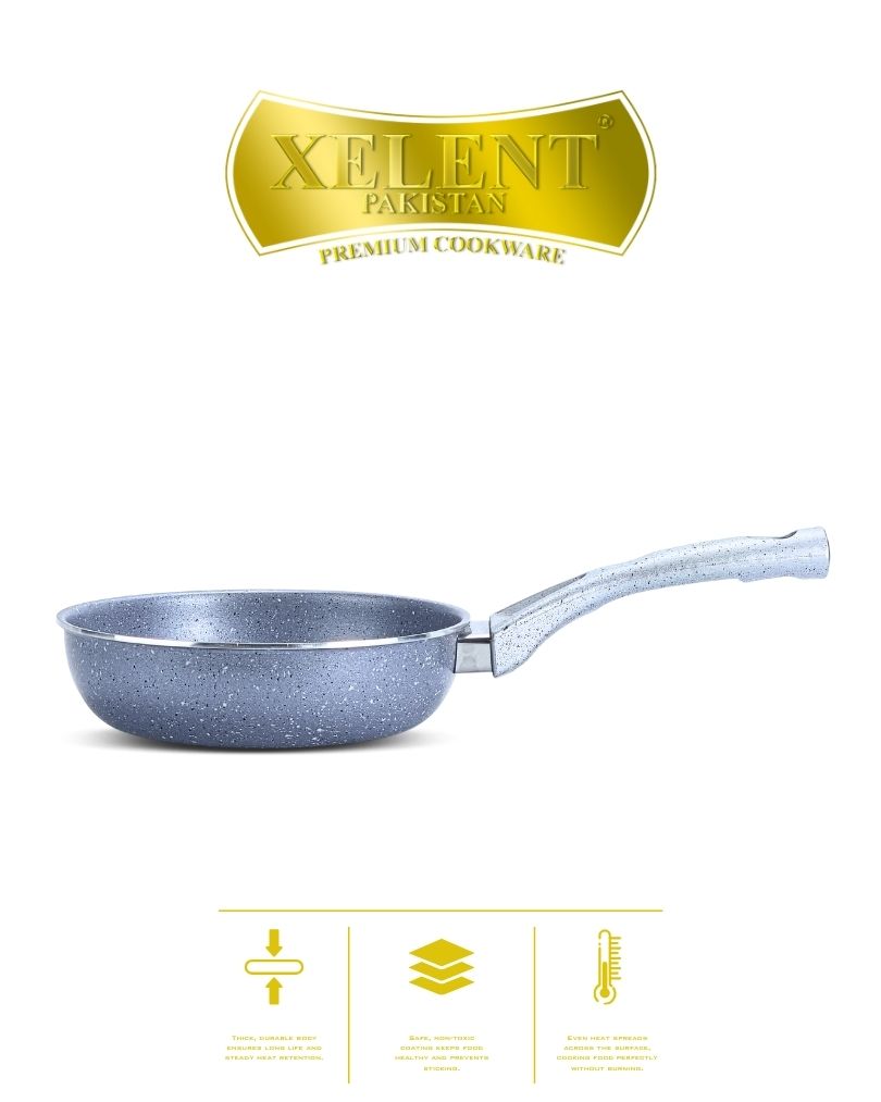 Top view of a sleek marble black frypan with a smooth, nonstick surface and ergonomic handle, perfect for even heat distribution and stylish cooking.