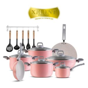 19-Piece Xelent Marble Coated Cookware Set with various pans, tawa, frying pan with lid, saucepan, wok, and additional accessories including nylon spoons, apron, and glove.