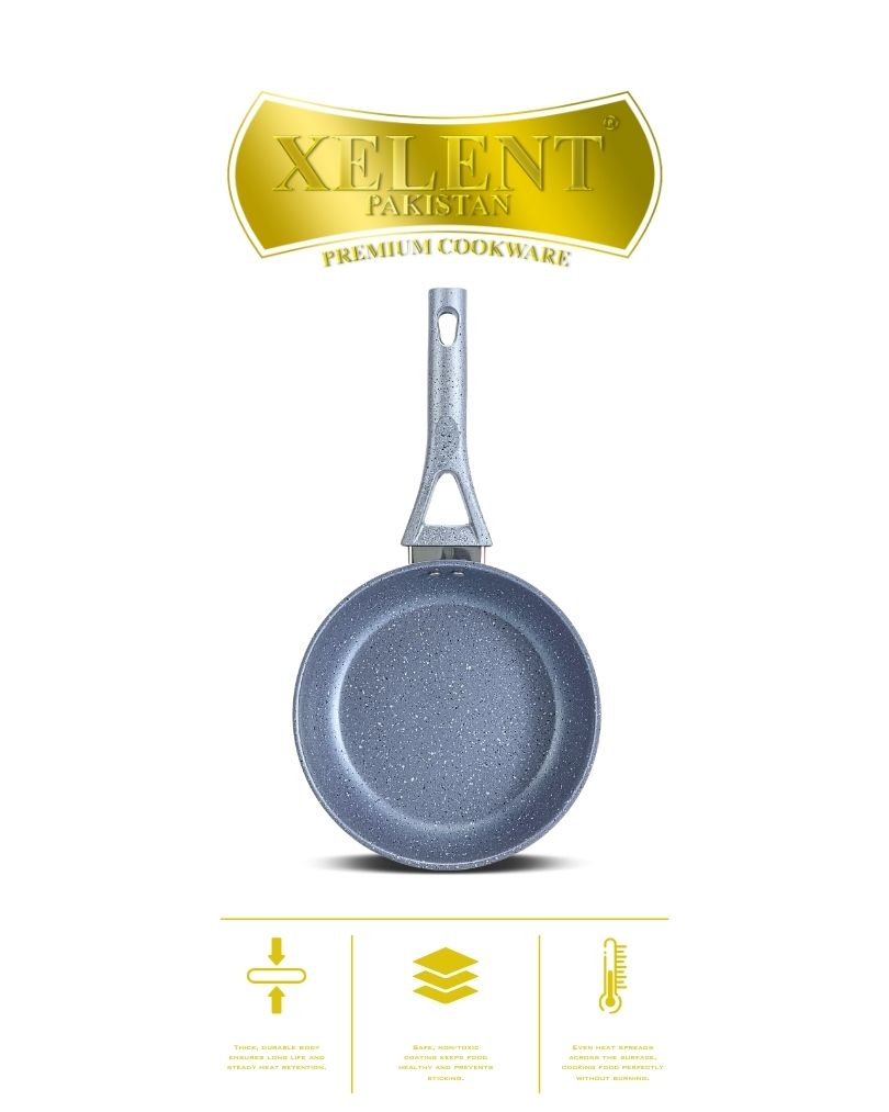 Top view of a sleek marble black frypan with a smooth, nonstick surface and ergonomic handle, perfect for even heat distribution and stylish cooking.