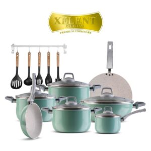 19-Piece Xelent Marble Coated Cookware Set with various pans, tawa, frying pan with lid, saucepan, wok, and additional accessories including nylon spoons, apron, and glove.