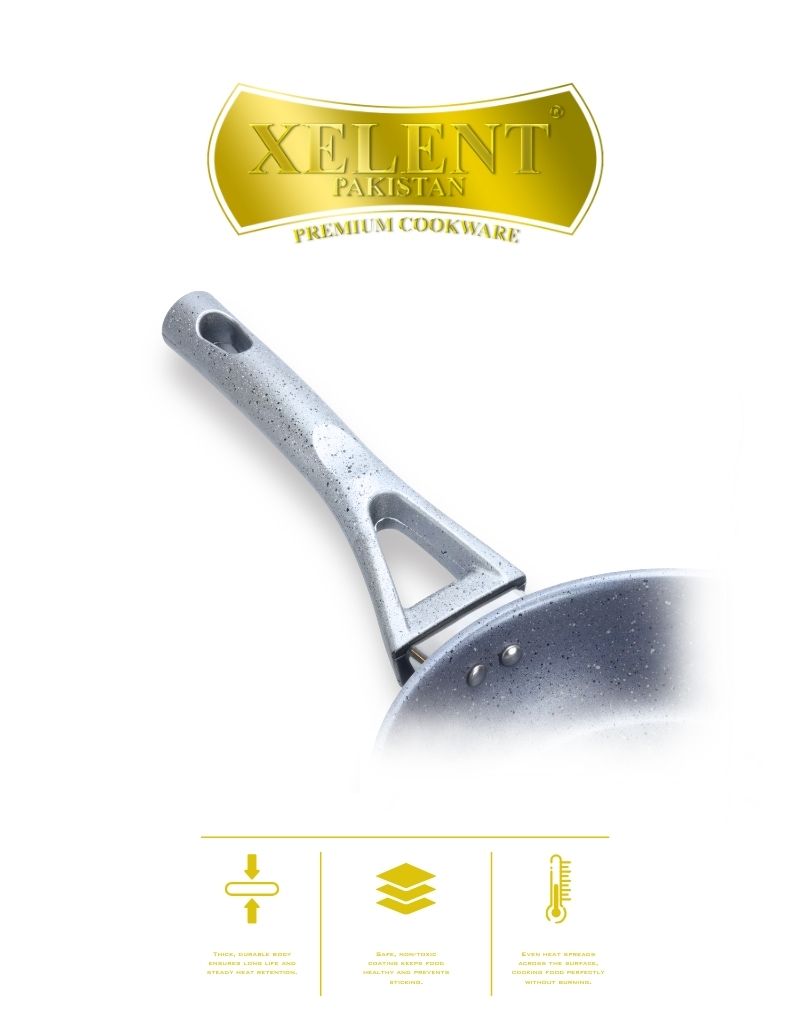 Top view of a sleek marble black frypan with a smooth, nonstick surface and ergonomic handle, perfect for even heat distribution and stylish cooking.