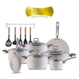 19-Piece Xelent Marble Coated Cookware Set with various pans, tawa, frying pan with lid, saucepan, wok, and additional accessories including nylon spoons, apron, and glove.