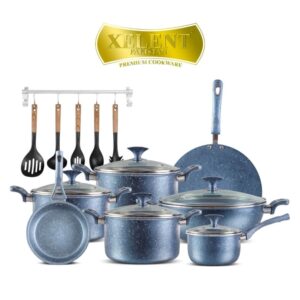 19-Piece Xelent Marble Coated Cookware Set with various pans, tawa, frying pan with lid, saucepan, wok, and additional accessories including nylon spoons, apron, and glove.
