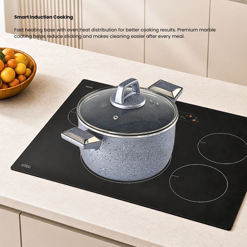 Shop the premium induction marble casserole by Xelent Pakistan Cookware featuring nonstick marble coating, induction-compatible base, durable construction, elegant design, and even heat distribution for everyday cooking.