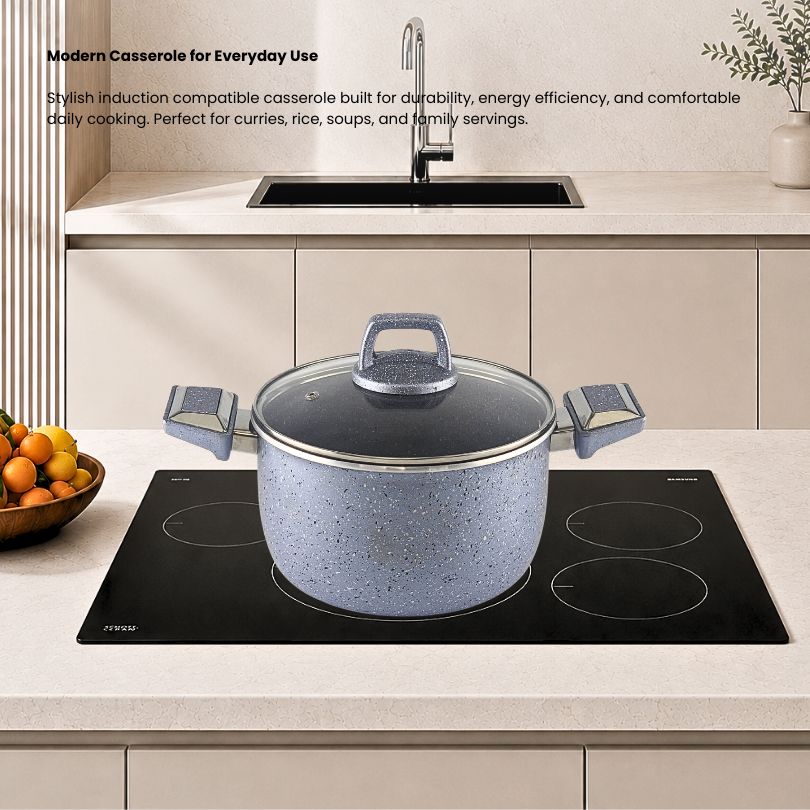 Shop the premium induction marble casserole by Xelent Pakistan Cookware featuring nonstick marble coating, induction-compatible base, durable construction, elegant design, and even heat distribution for everyday cooking.