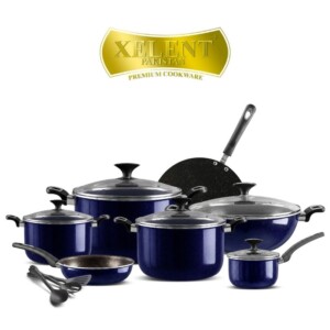 Xelent Pakistan Crystal Cookware Set 18 Pcs with 22 cm, 24 cm, 26 cm casseroles, 30 cm wok, 24 cm frying pan, 18 cm saucepan, and 32 cm tawa.