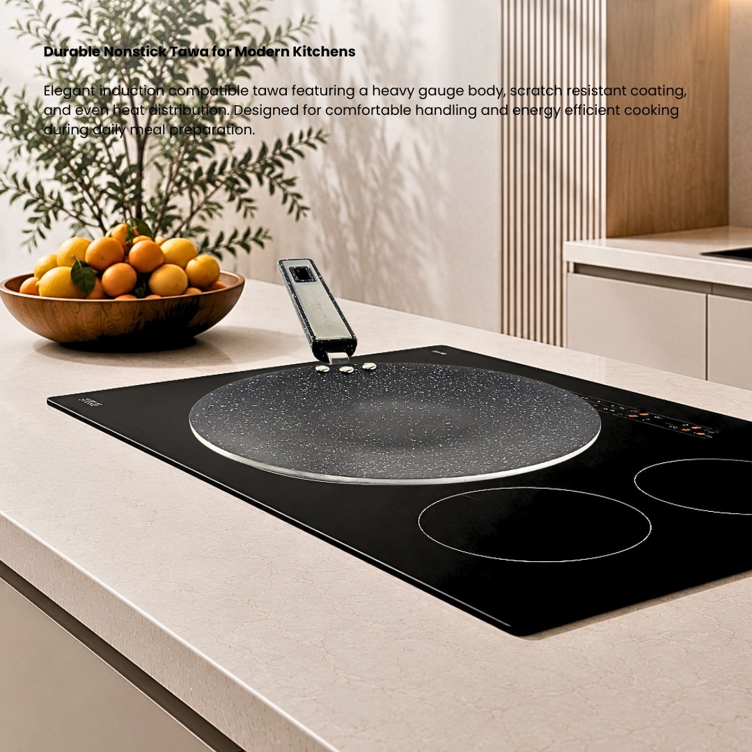 Induction marble coated nonstick tawa with heavy gauge body and heat resistant handle for daily cooking.