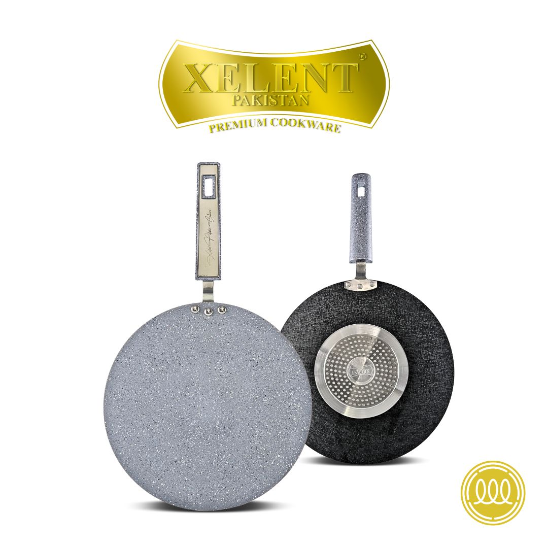 Induction marble coated nonstick tawa with heavy gauge body and heat resistant handle for daily cooking.