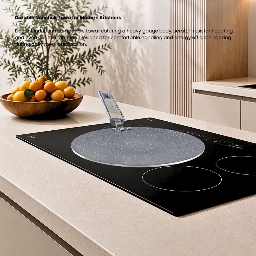 Induction marble coated nonstick tawa with heavy gauge body and heat resistant handle for daily cooking.