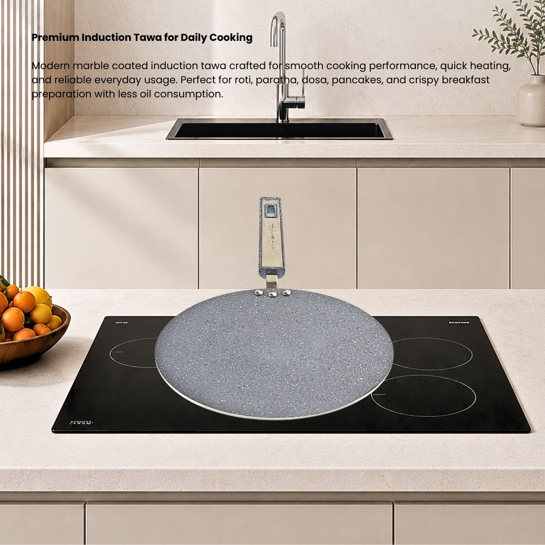 Induction marble coated nonstick tawa with heavy gauge body and heat resistant handle for daily cooking.