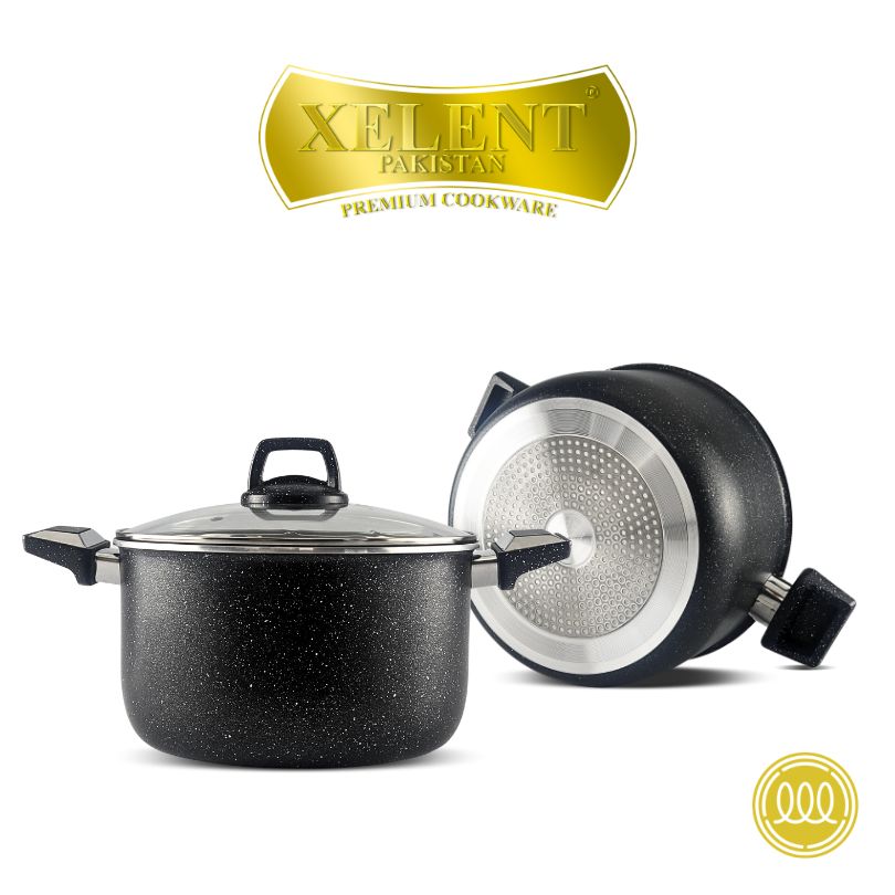 Shop the premium induction marble casserole by Xelent Pakistan Cookware featuring nonstick marble coating, induction-compatible base, durable construction, elegant design, and even heat distribution for everyday cooking.