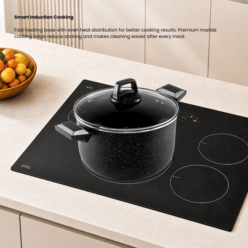 Shop the premium induction marble casserole by Xelent Pakistan Cookware featuring nonstick marble coating, induction-compatible base, durable construction, elegant design, and even heat distribution for everyday cooking.