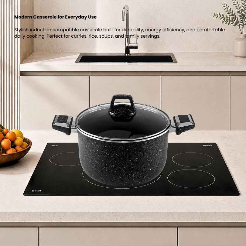 Shop the premium induction marble casserole by Xelent Pakistan Cookware featuring nonstick marble coating, induction-compatible base, durable construction, elegant design, and even heat distribution for everyday cooking.