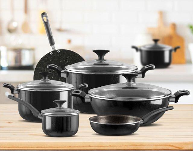 Durable nonstick cookware with a smooth surface for oil-free cooking and easy cleaning.